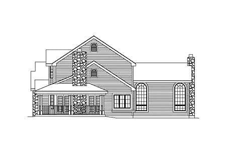 House plan exterior: Two-story home with wrap-around porch, stone chimney, gables, and arched windows.