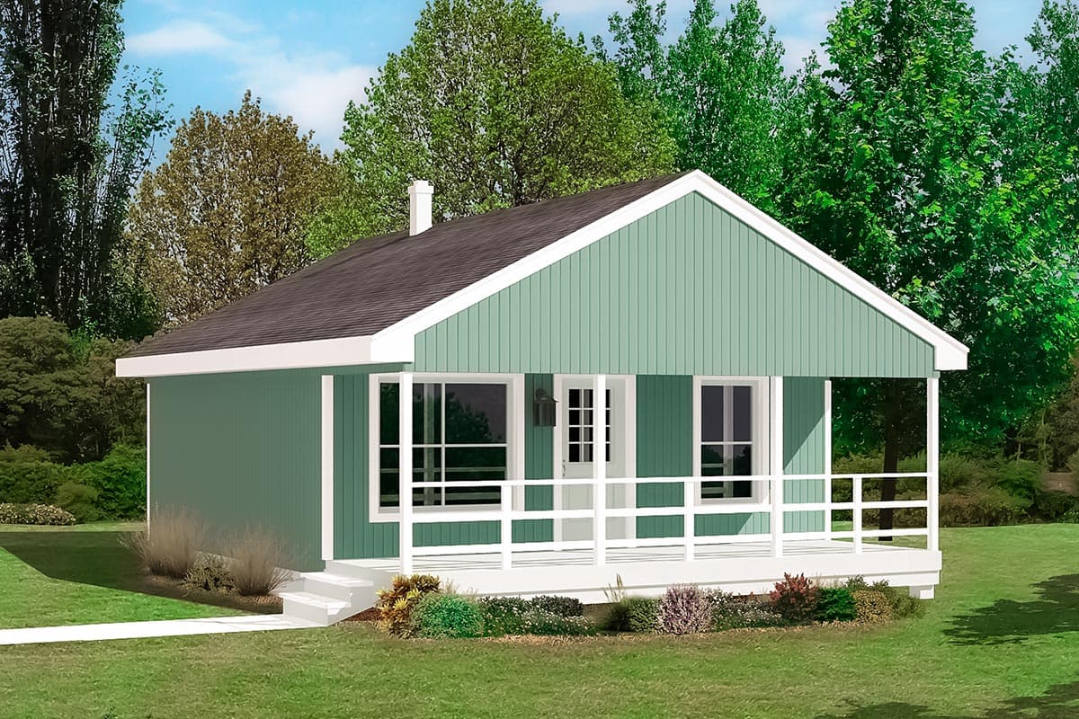 House plan exterior: One-story dwelling with a wide, wrap-around porch, prominent gable end, and a central front entrance.