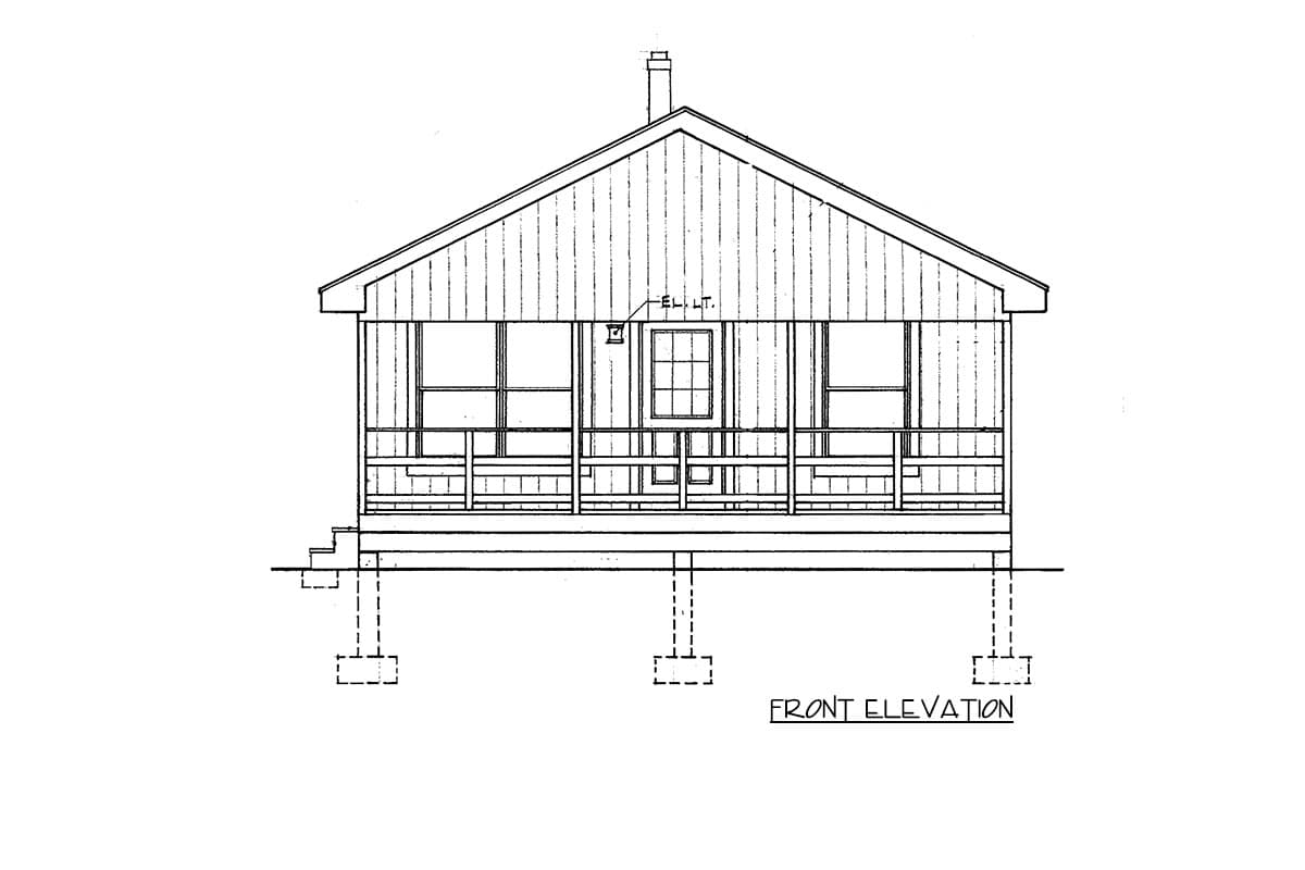 Front elevation drawing of a house with a prominent gable roof, full-width porch, and a central chimney.