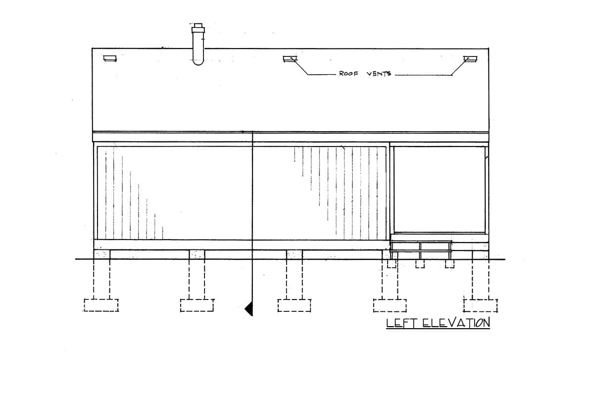 Left elevation drawing shows house plan with roof vents, chimney, and large windows on pilings.