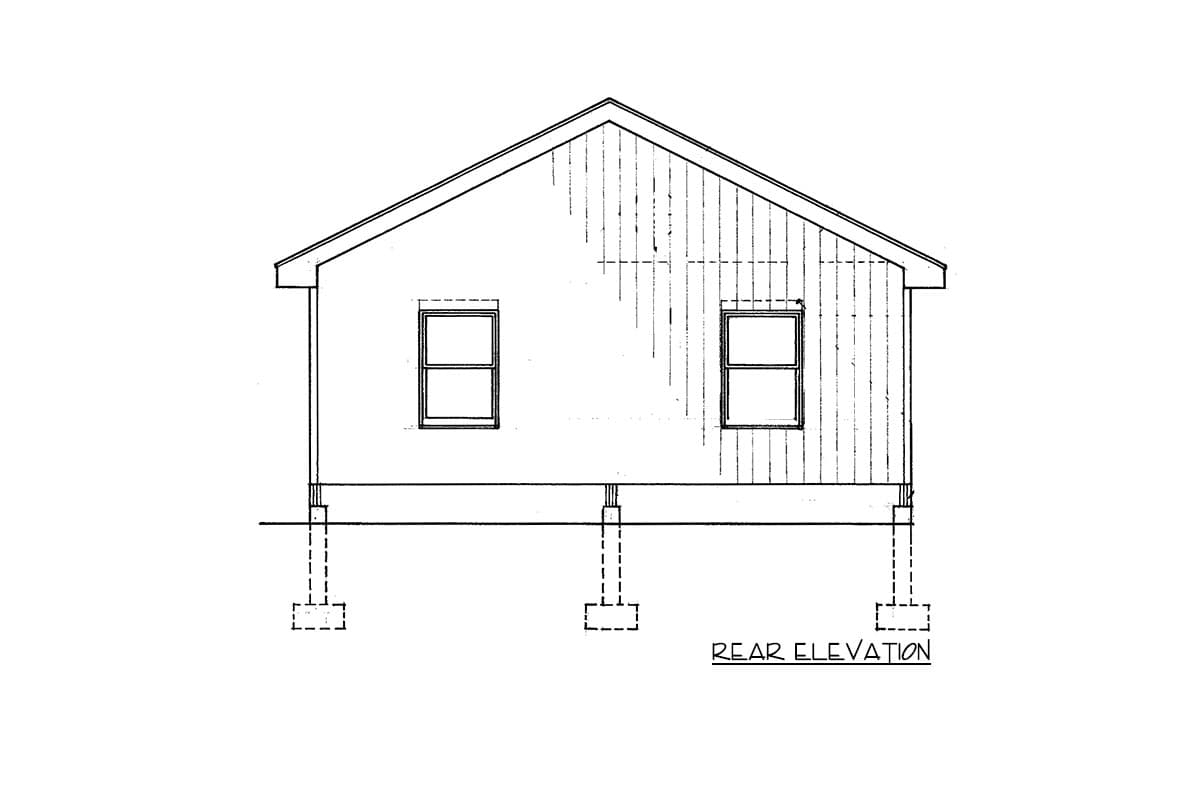 Rear elevation drawing of a house on stilts with two windows and a gable roof.