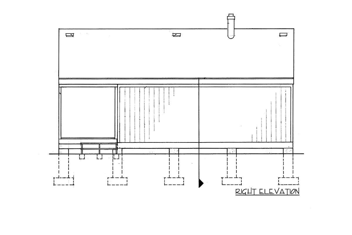 Architectural drawing showing the right elevation of a house plan with a pitched roof, dormer, chimney, and large windows.