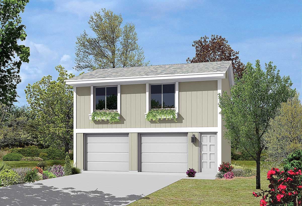 House plan exterior shows a two-story structure with a gabled roof, two garage doors, and two upper-level windows with flower boxes.