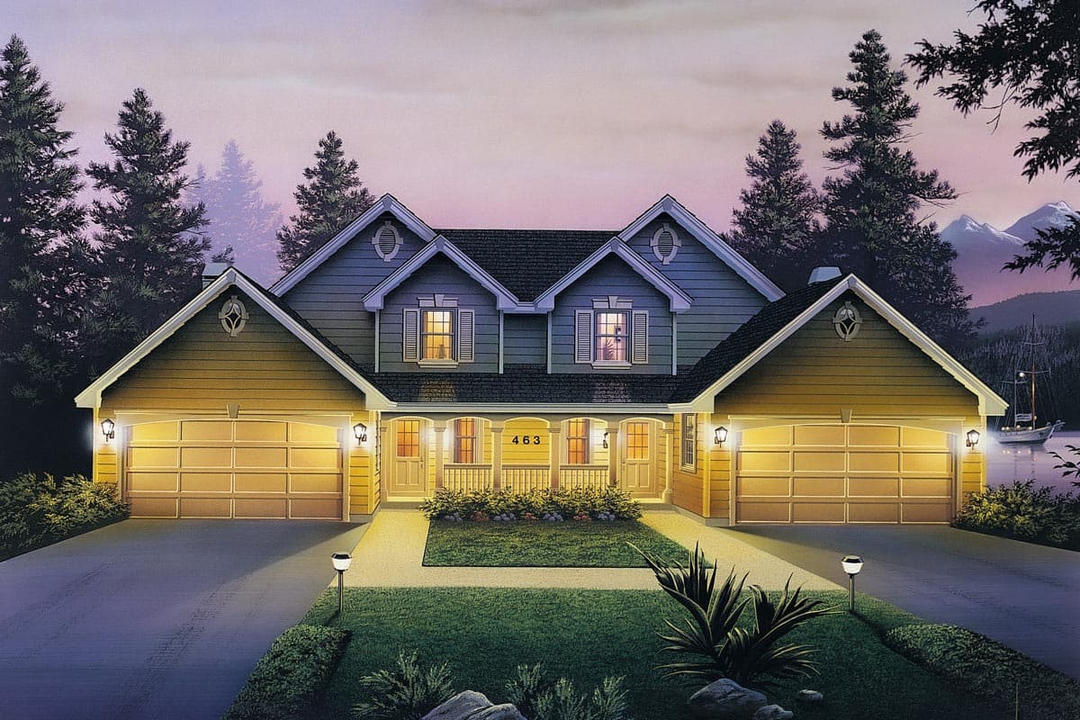 House plan exterior: Two-story dwelling with double garage doors, central porch, and symmetrical gabled dormers.