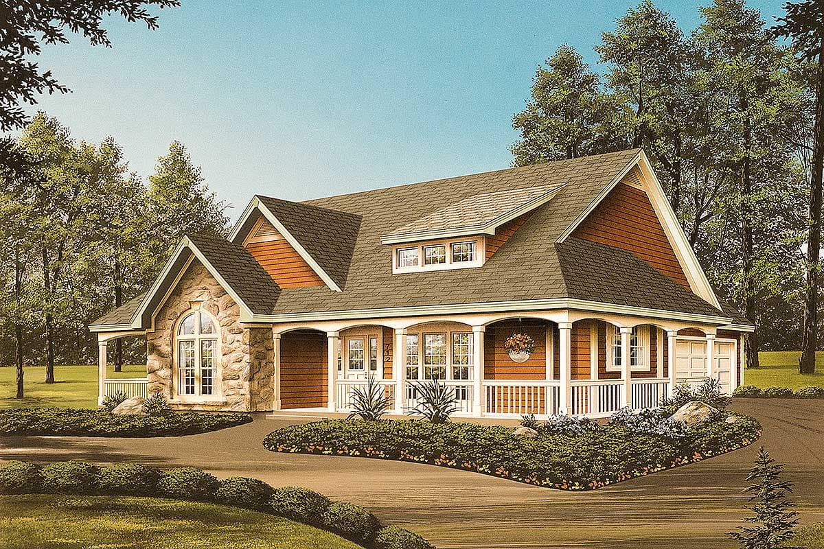House plan exterior shows a 1.5-story home with stone accents, arched window, wraparound porch with columns, dormer, and attached garage.