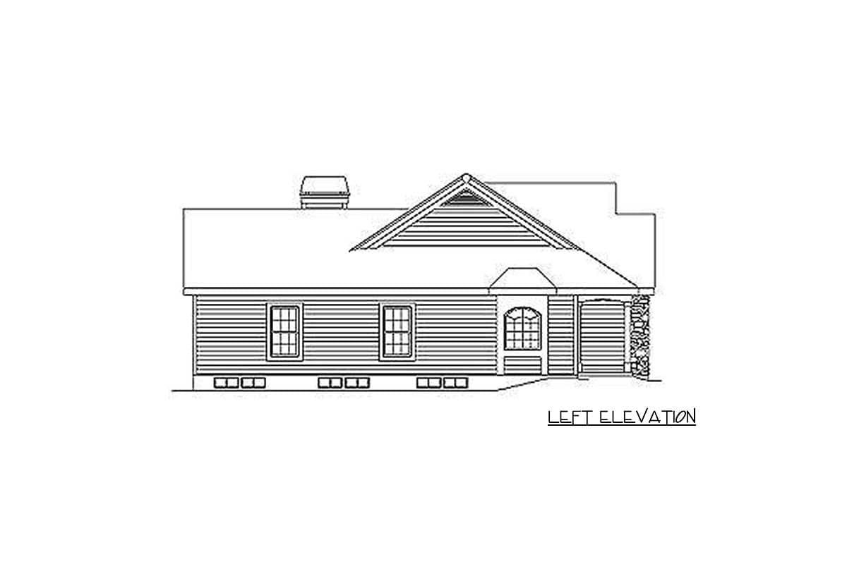 Left elevation drawing of a single-story house plan with gabled dormer, arched entry, and stone accents.