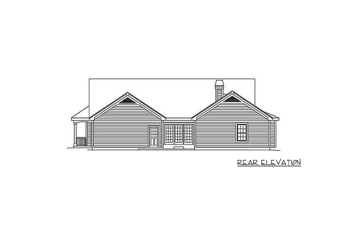 Rear elevation of a one-story house plan with a prominent gable roof, double doors, single door, chimney, and covered porch.
