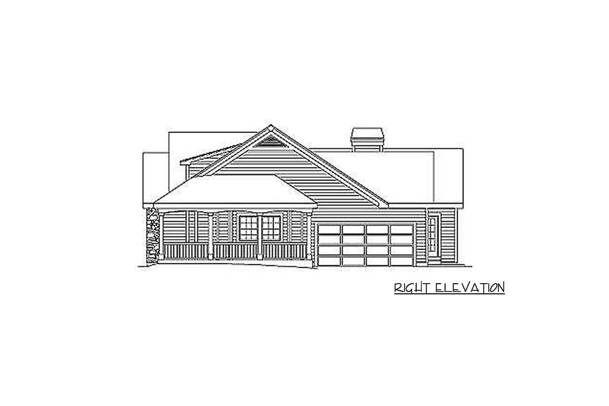 Right elevation house plan with a covered front porch, two-car garage, and gable roof.