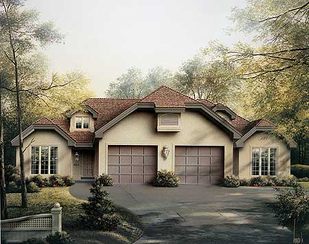 House plan exterior: Ranch style, 1.5 stories, double garage doors, gable roof with dormers and wide eaves.