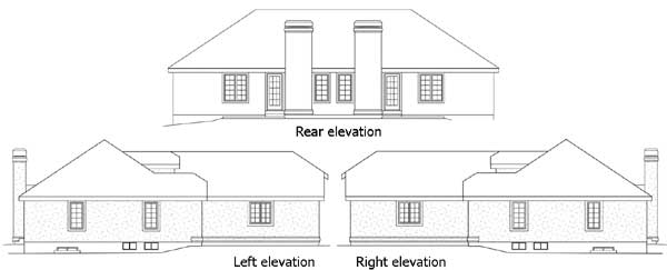 Architectural house plan elevations showing rear, left, and right views with multiple windows and dual chimneys.