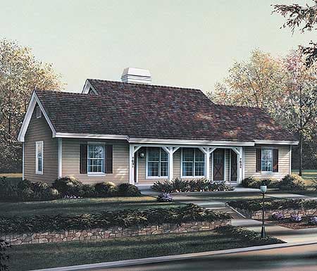 House plan exterior of a one-story ranch with a prominent covered porch featuring decorative posts, gables, and double entry doors.