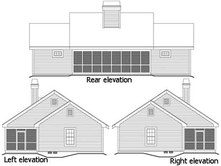 Rear, left, and right elevations of a house plan featuring a screened porch and gabled rooflines.