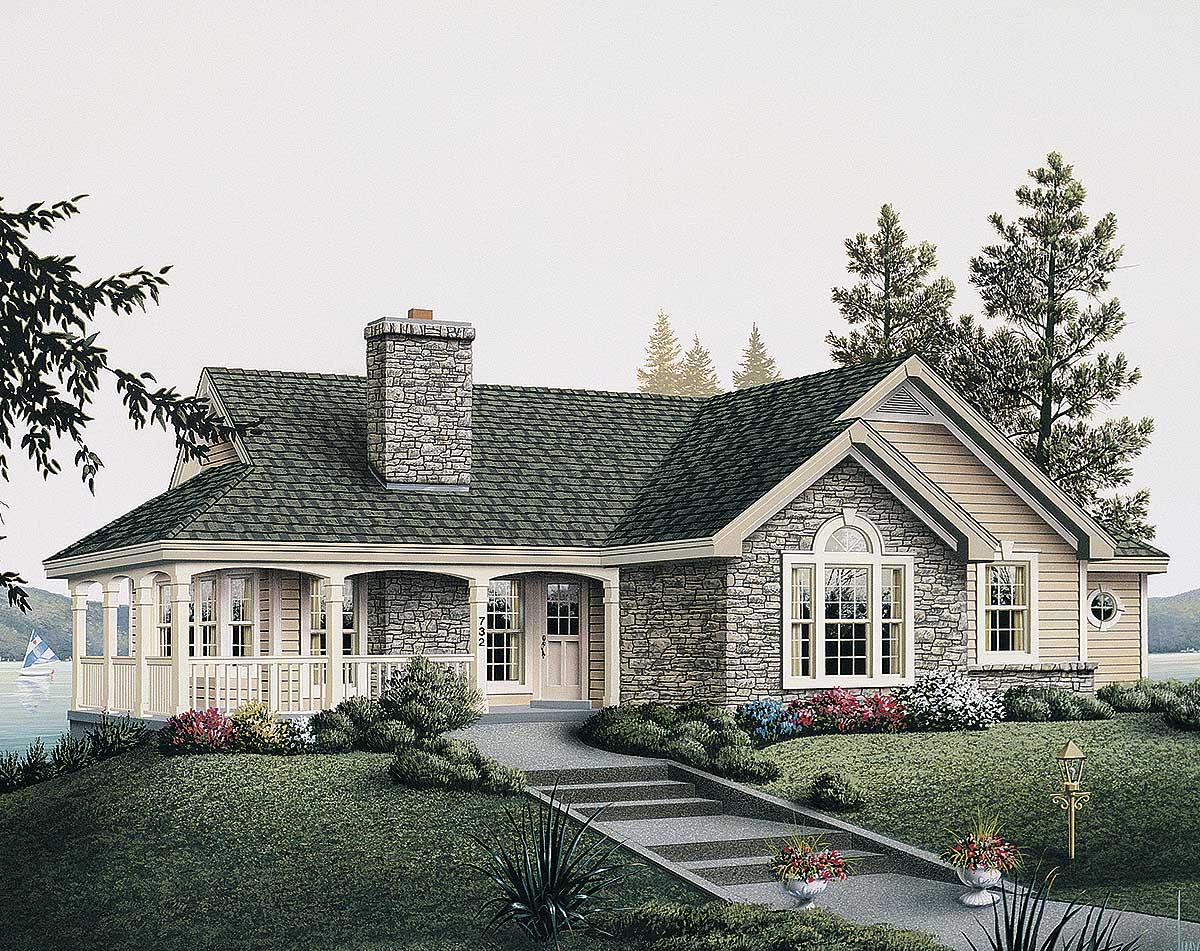 House plan exterior of a single-story home featuring a stone facade, wraparound porch, arched window, and stone chimney.