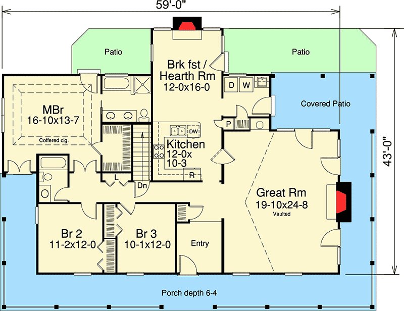 Plan 57094HA: Country Ranch with Detached Three-Car Garage - Floor Plan - Main Level - Country, Farmhouse, Ranch, Southern