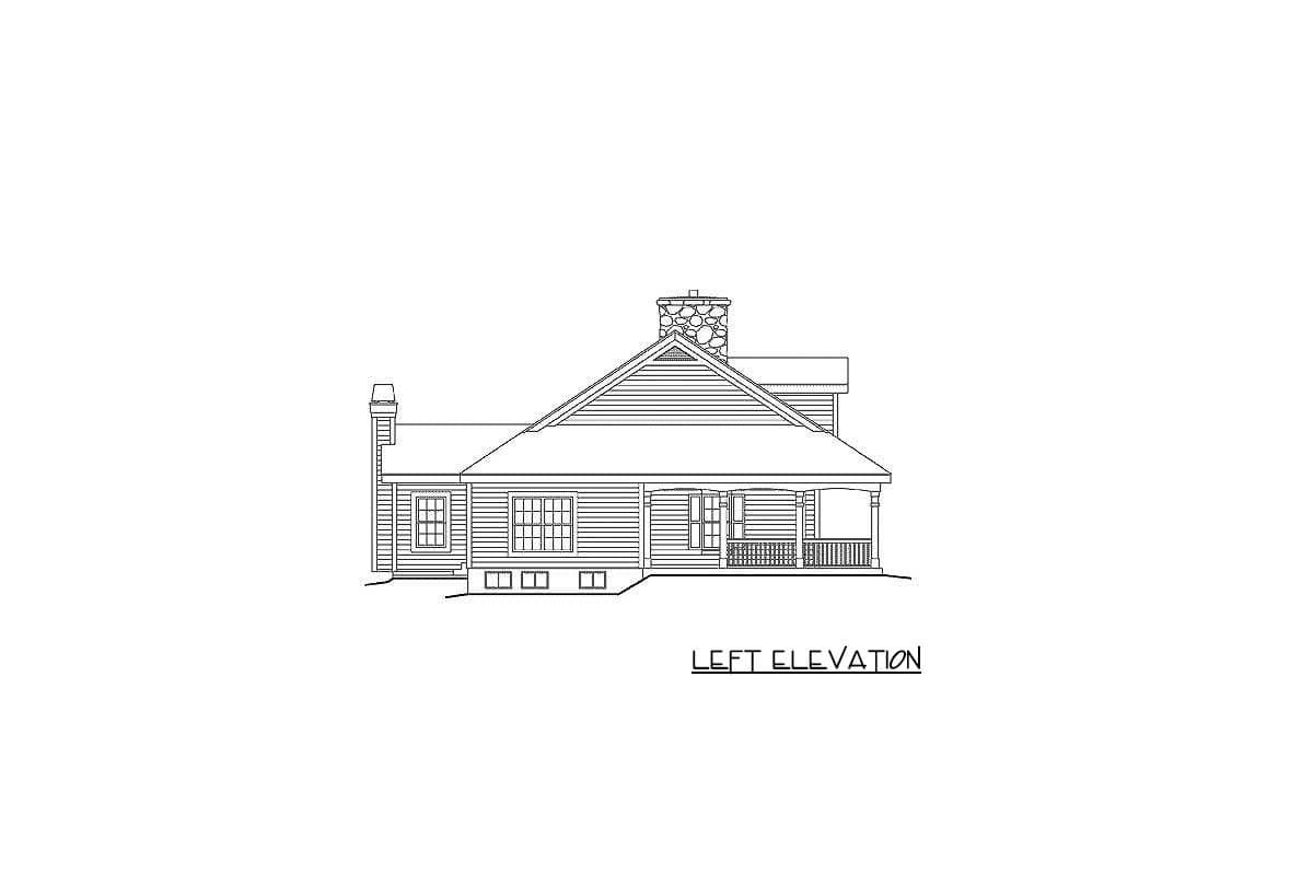 Left elevation of a one-story house plan featuring a prominent stone chimney, wide lap siding, and a covered front porch.