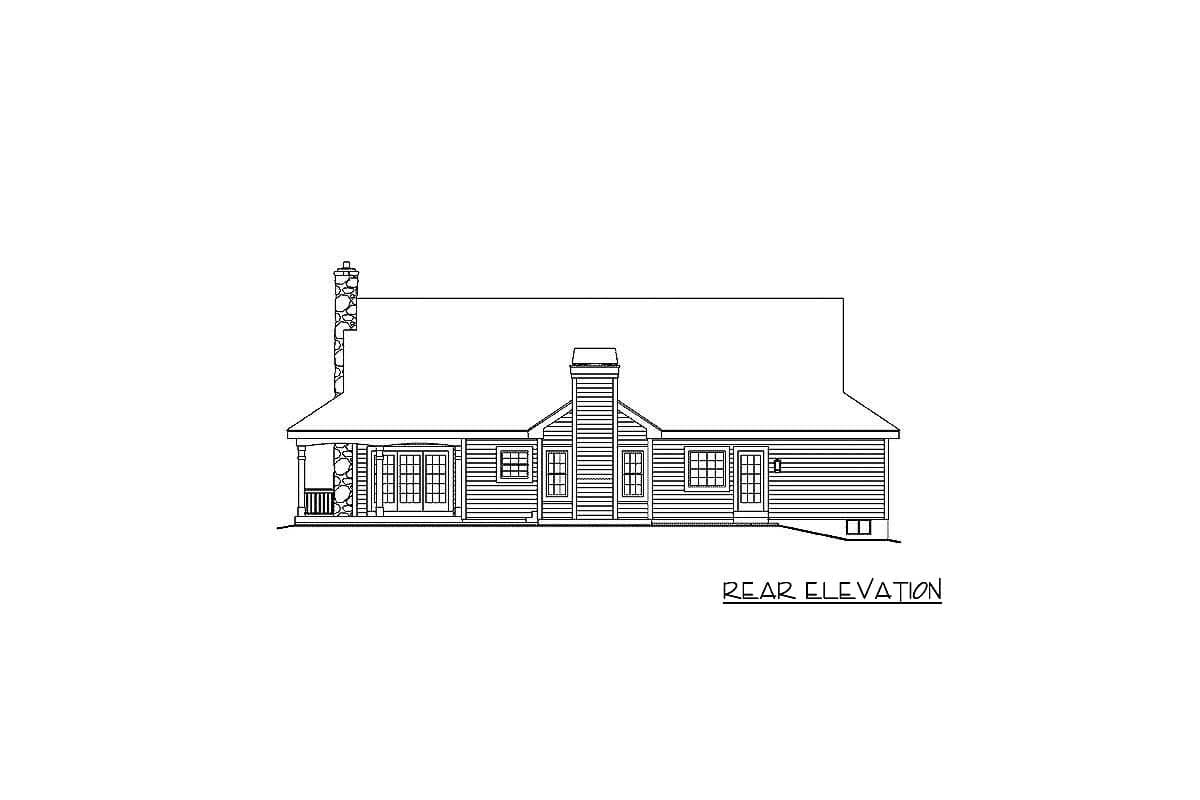 Rear elevation drawing of a one-story house plan with a covered porch, double doors, and two chimneys.