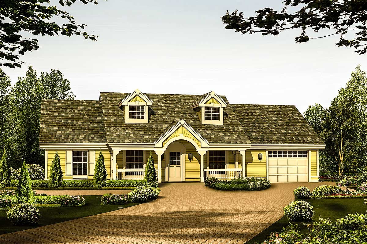 House plan exterior: One-story house with gabled dormers, a covered front porch, and an attached side-entry garage.