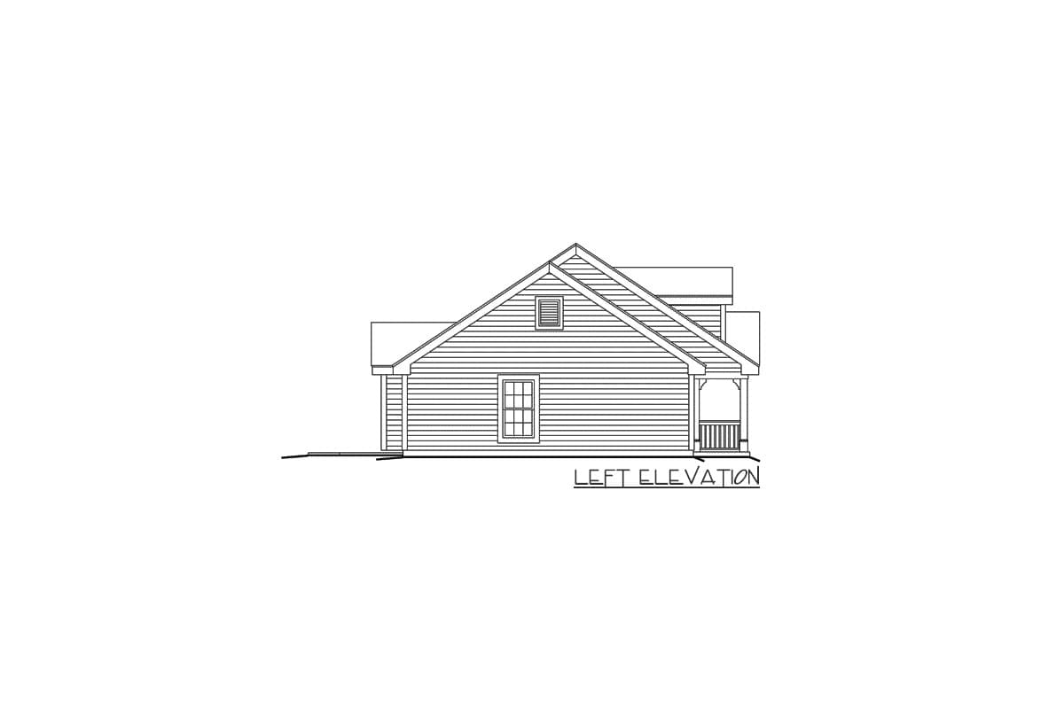 Left elevation drawing of a one-story house plan featuring a gabled roof, lap siding, dormer, and covered porch.