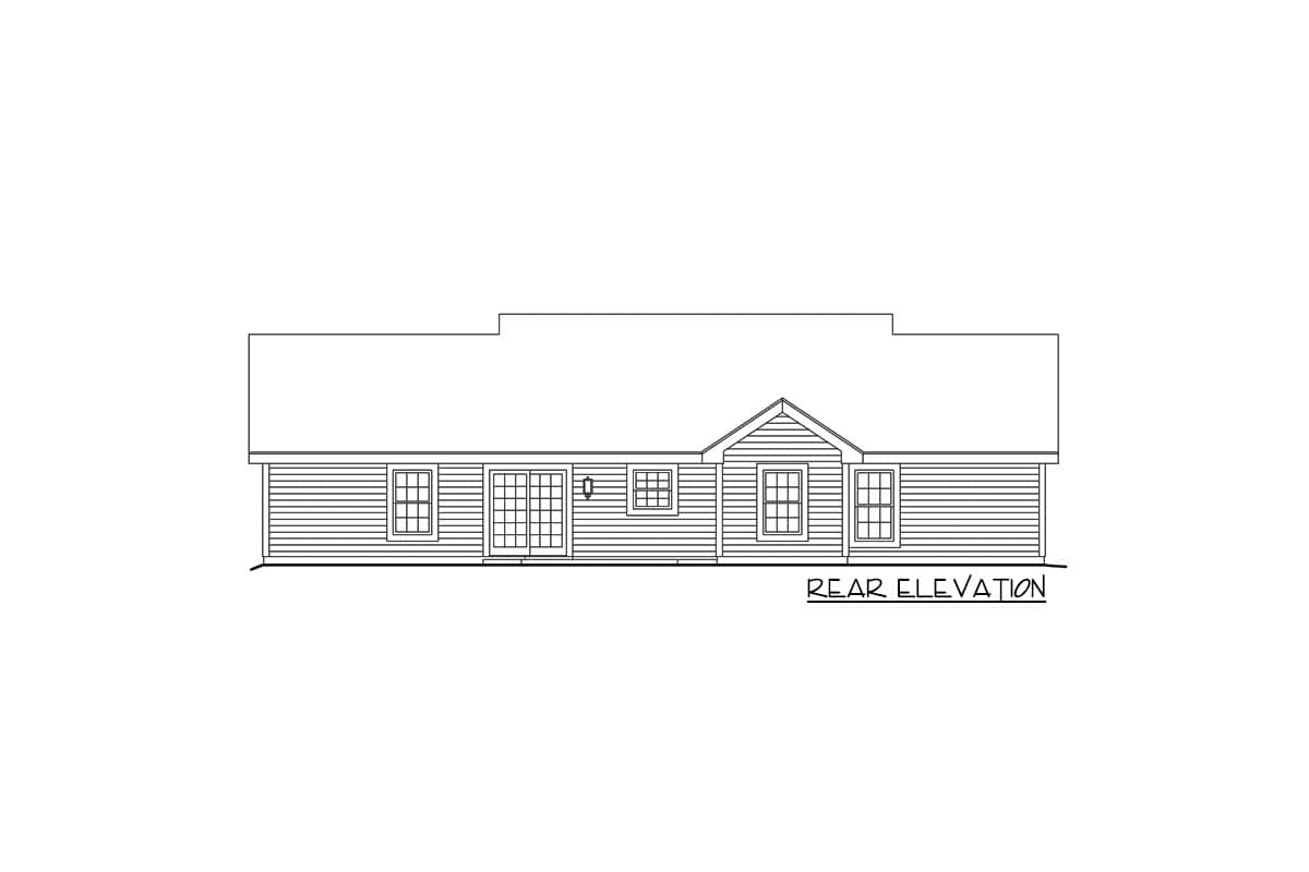 Rear elevation drawing of a house plan with horizontal siding, a centered gable, a sliding glass door, and multiple windows.