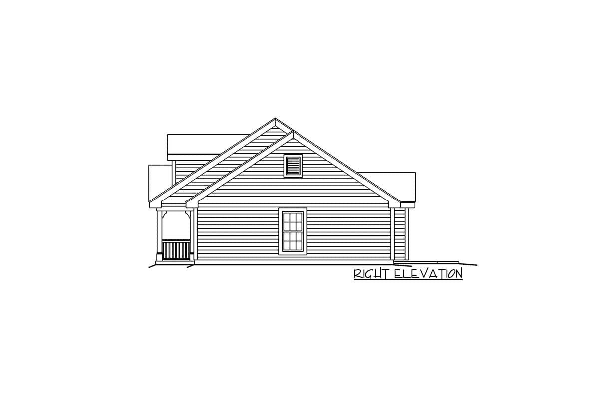 Right elevation drawing of a house plan with a gabled roof, dormer window, and covered porch.