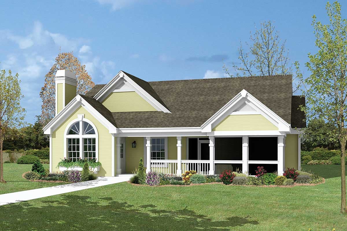 House plan exterior: Ranch-style, one-story home with covered front porch, screened porch, gabled dormers, and arched window.
