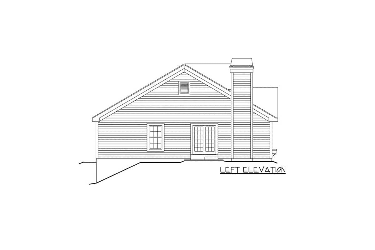 Left elevation house plan: siding, gable dormer, double doors, window, and chimney.