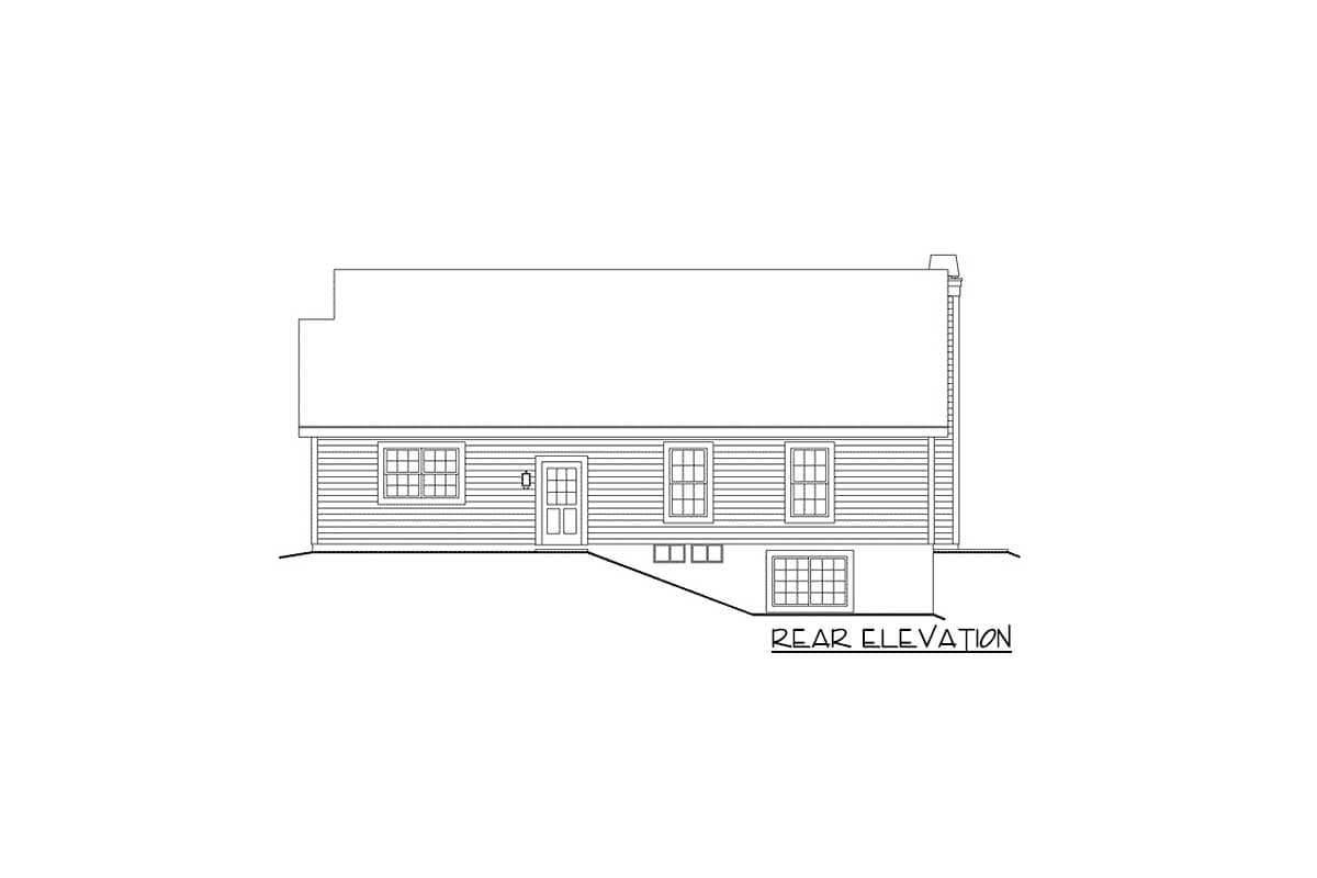 Rear elevation drawing of a two-story house with double door, multiple windows, and clapboard siding.