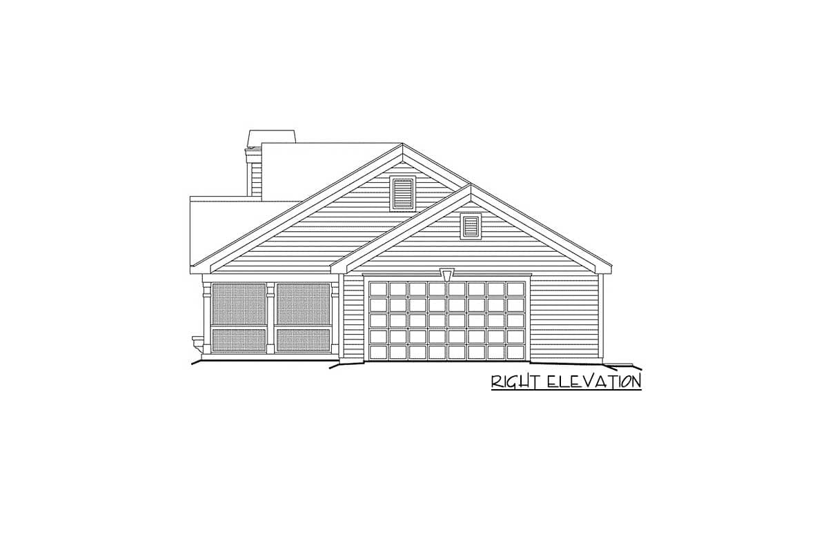 Right elevation house plan with gabled roof, screened porch, dormer windows, and a two-car garage.