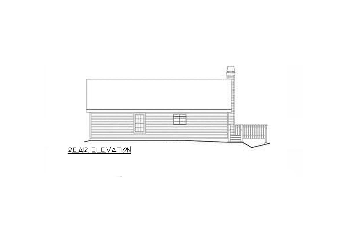 Rear elevation drawing of a single-story house with horizontal siding, two windows, a chimney, and a deck.