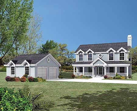 Two-story house plan exterior with a wrap-around porch, multiple gables, and a detached two-car garage.