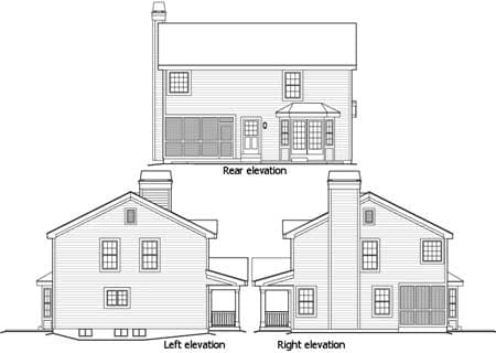 House plan elevations: rear, left, and right views of a two-story house with a gable roof, chimney, porch, and bay window.