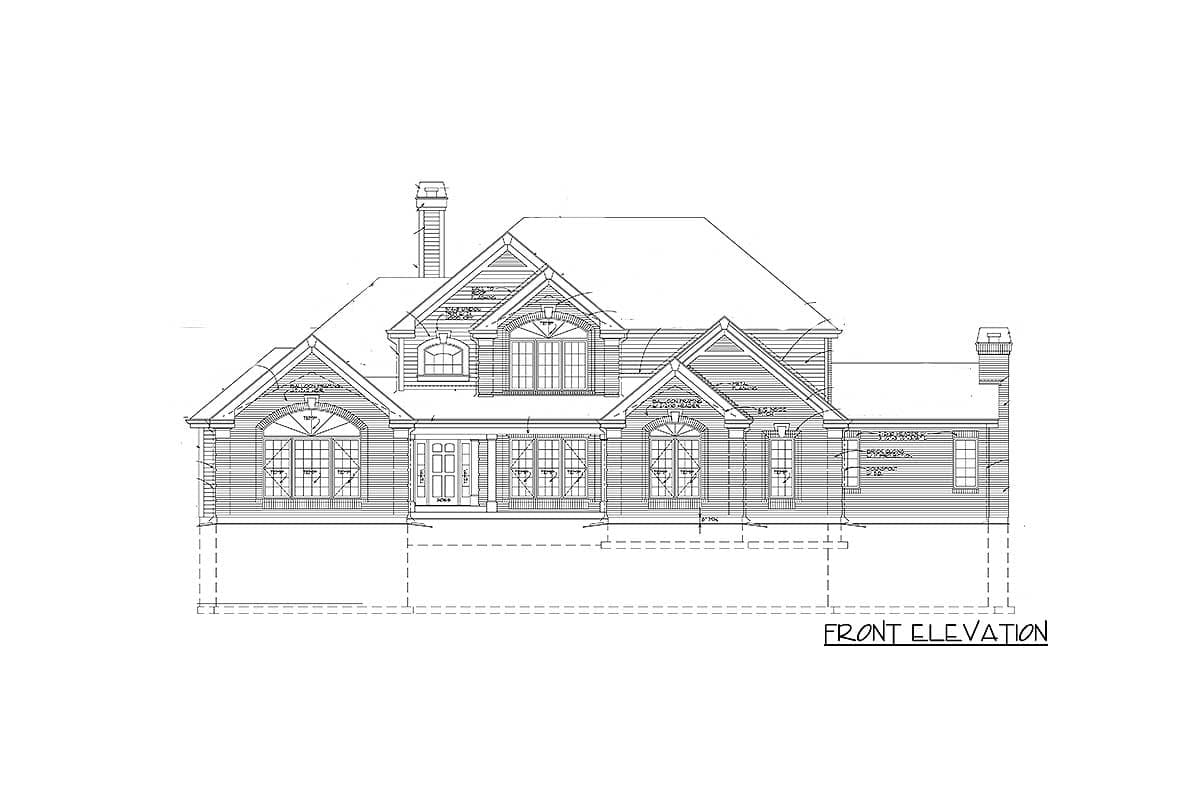 Front elevation of a house plan featuring a covered entry porch, multiple gables, dormer windows, and two chimneys.