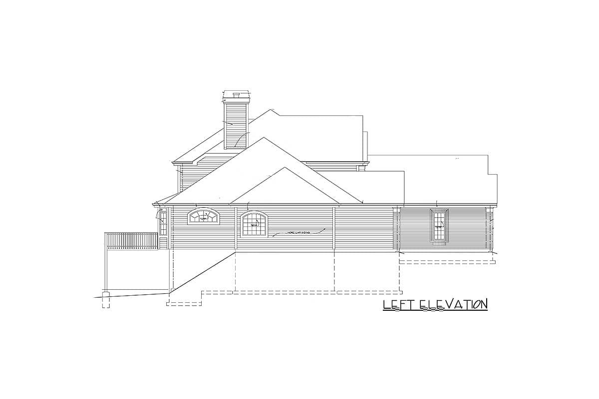 Left elevation drawing of a house plan, showing a multi-story structure with gables, a prominent chimney, and arched windows.