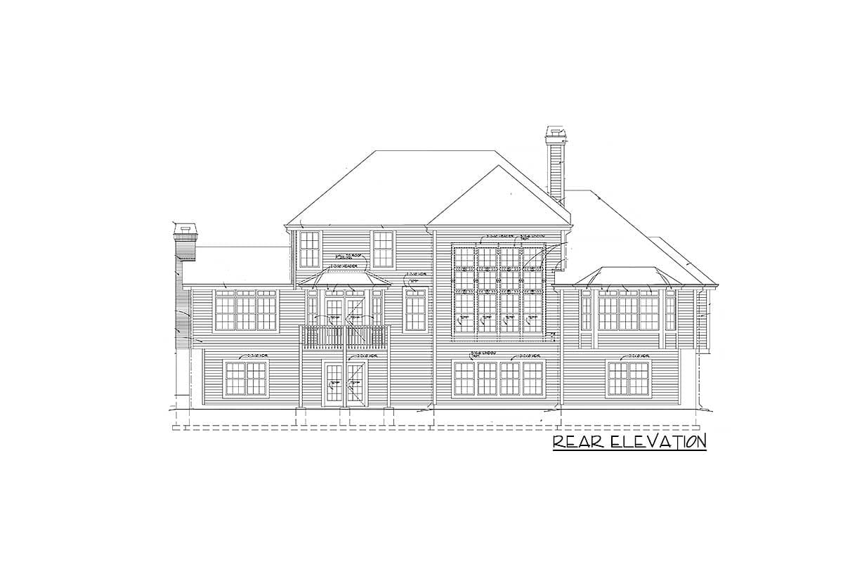 Rear elevation of a two-story house plan, showing a prominent central dormer with a balcony, multiple windows, and a chimney.