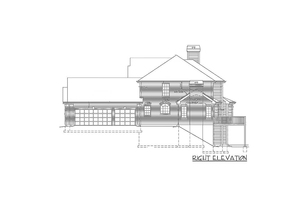 Right elevation house plan showing two-car garage, hip roof, dormers, and covered porch.