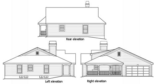 Floor plan house elevations: rear, left, and right views. Features include gabled roofs, chimneys, porch, and garage.