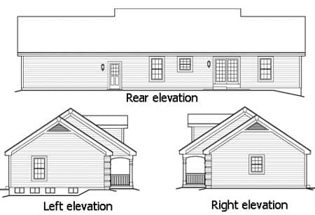House plan elevations: rear view with double doors and windows; left and right views with gabled dormers and covered porches.