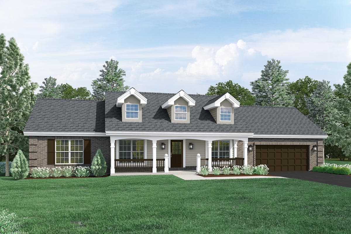 House plan exterior with Ranch style. Features include a front porch with railing, three dormers, and an attached garage.