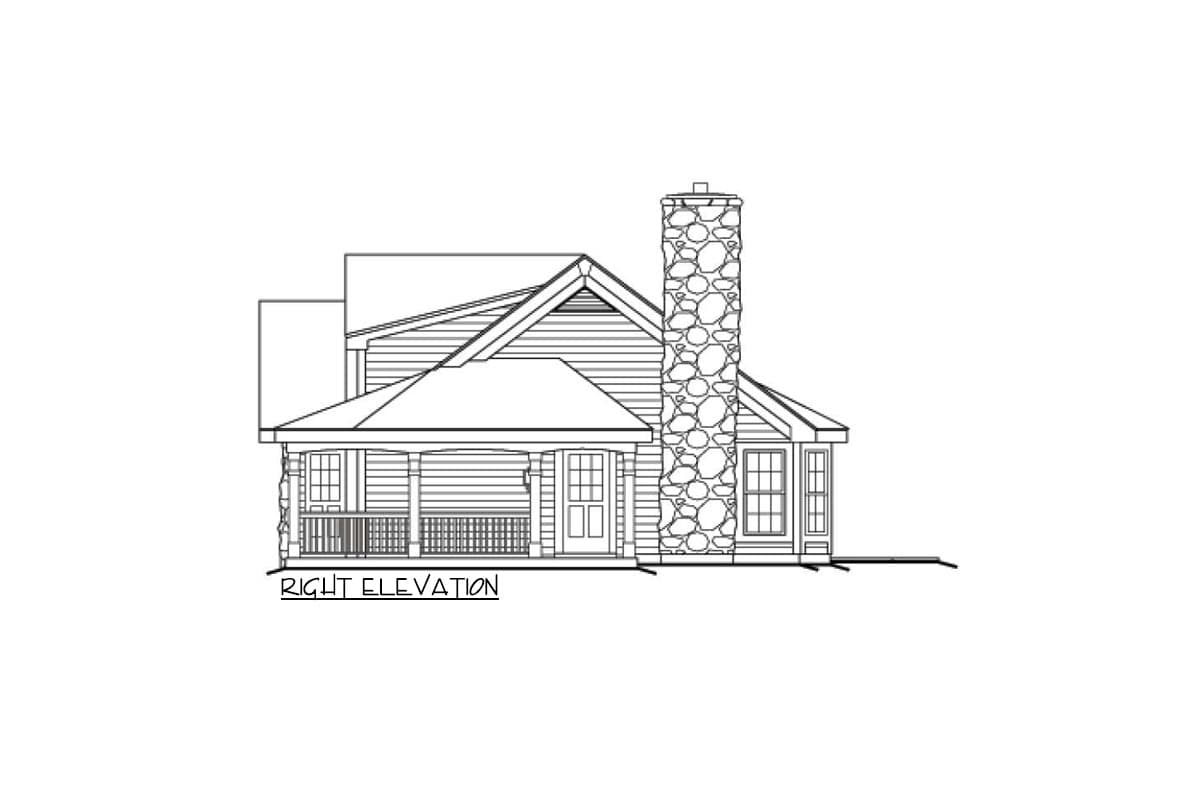 Right elevation of a house plan showing a covered porch with columns, a large stone chimney, and multi-pane windows.
