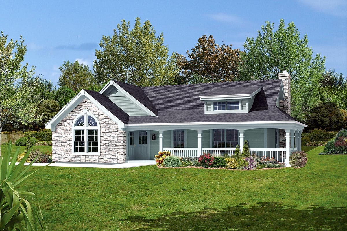 House plan exterior: One-story home with stone front, arched window, covered porch, dormer, and stone chimney.
