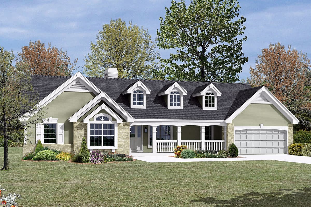 House plan exterior: Ranch style, one story, with a covered front porch, dormer windows, and a side-entry garage.