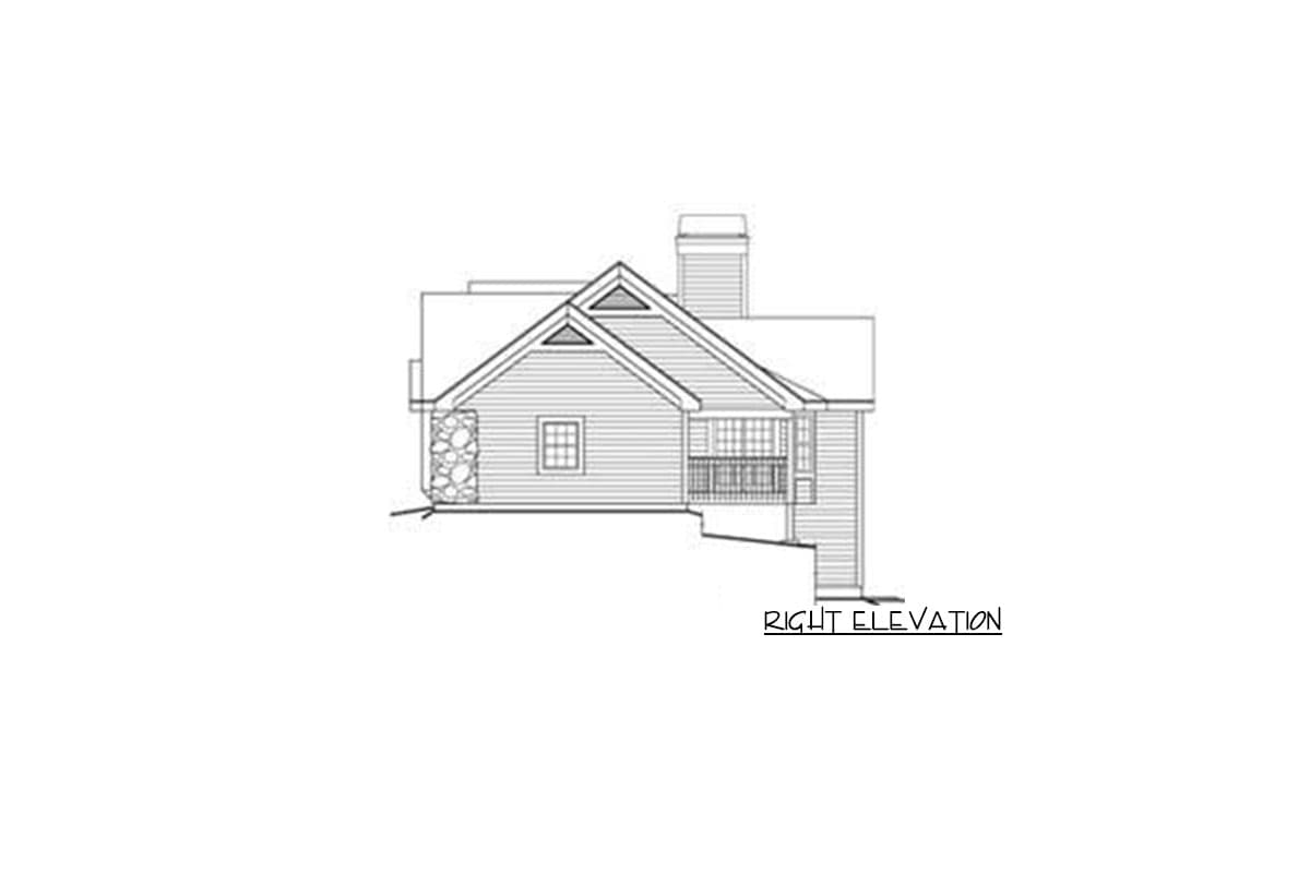Right elevation drawing of a house plan featuring siding, stone accents, a gable, and a covered porch.