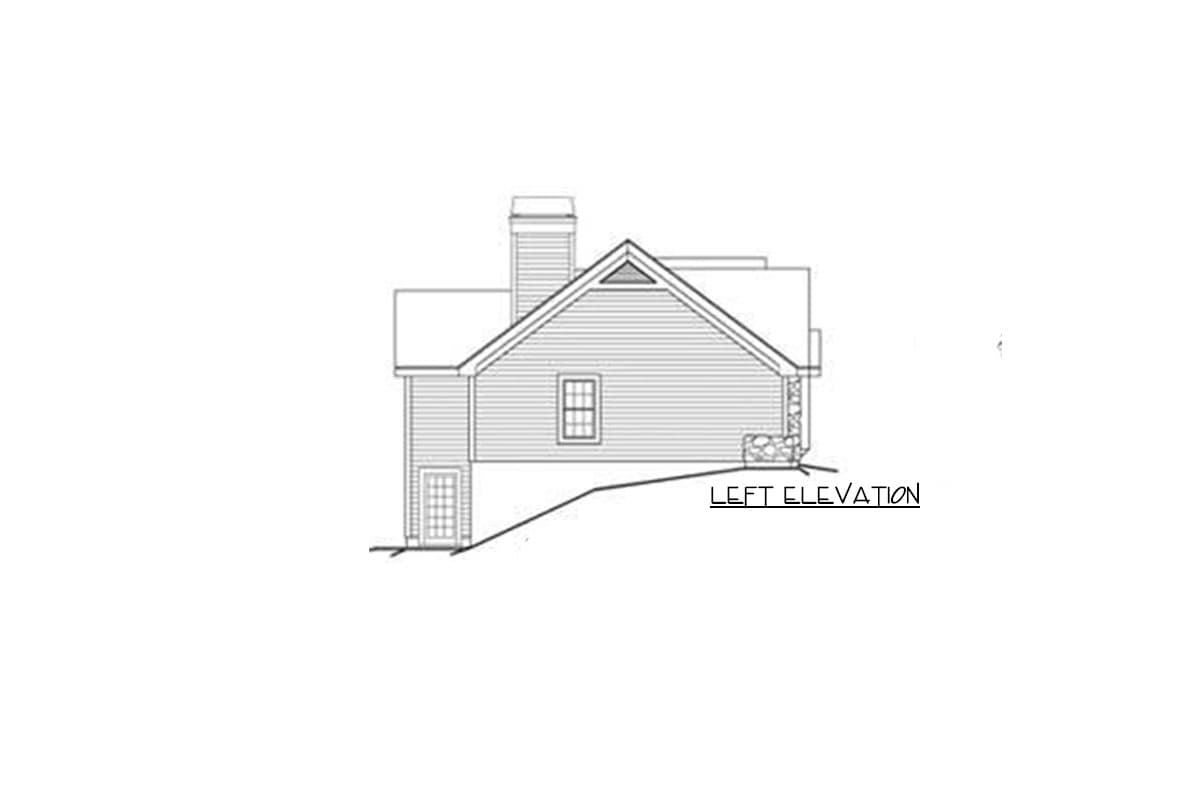 Left elevation drawing of a house plan with a gable roof, chimney, window, and stone detail.