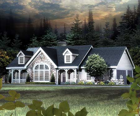 House plan exterior of a one-story home with dormers, stone accents, a prominent arched window, and a wraparound porch.