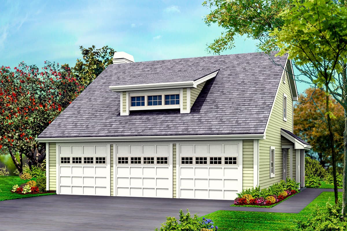 House plan exterior with three-car garage doors, dormer with multiple windows, and gambrel roofline.