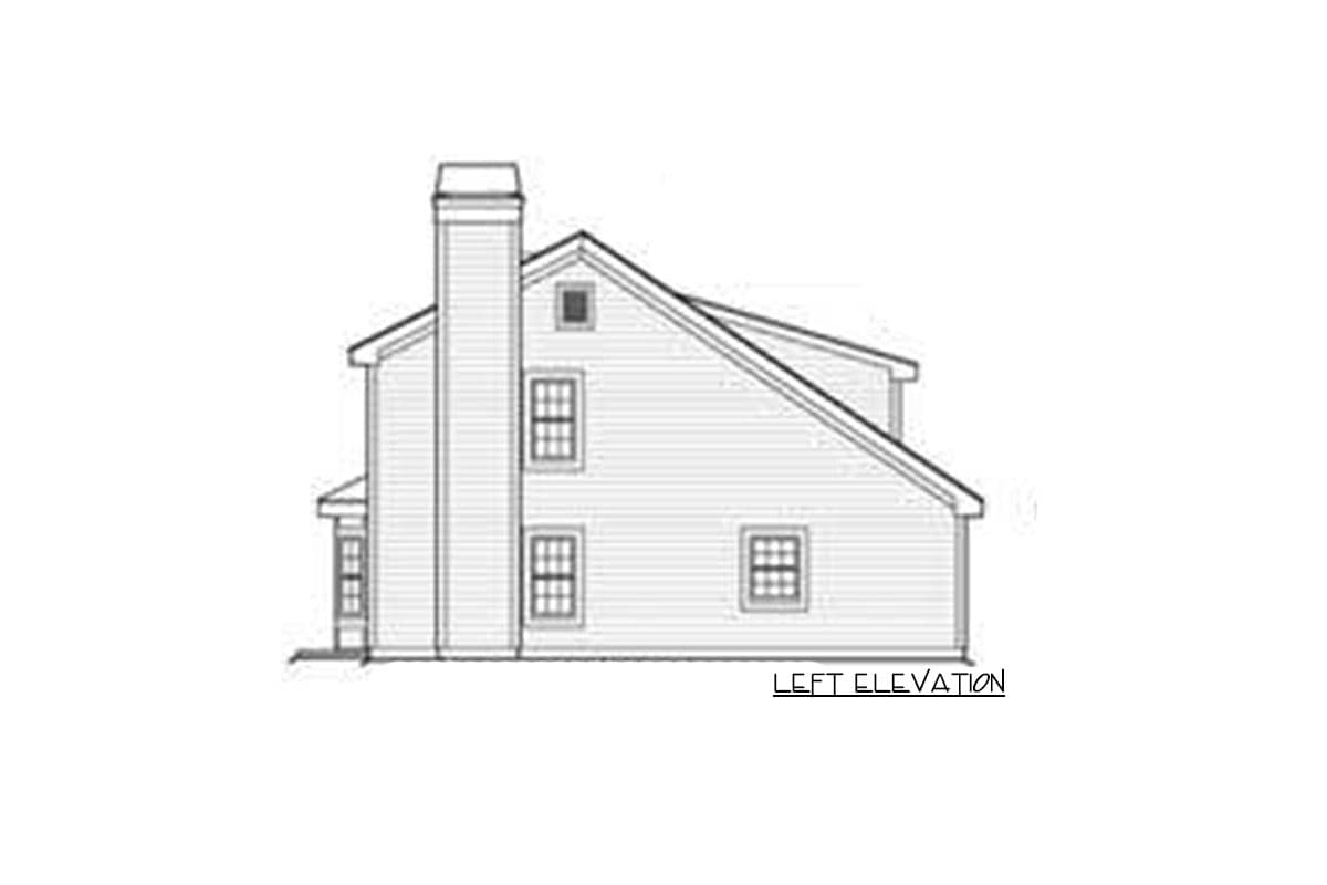 Left elevation house plan drawing of a two-story home with a prominent chimney, gabled roof, and multiple windows.