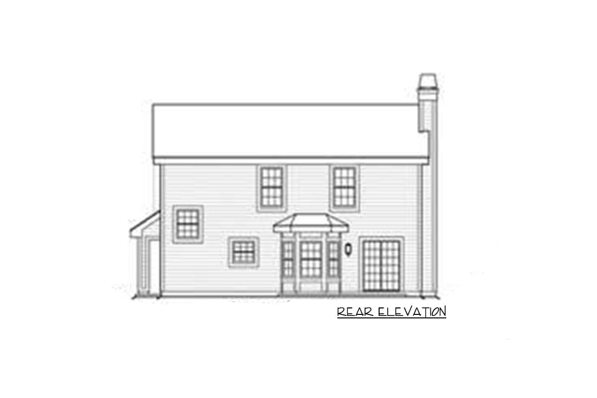 Rear elevation house plan showing a two-story home with multiple windows, a central enclosed entryway, and sliding doors.