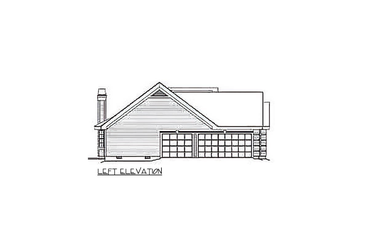 Left elevation house plan showing a pitched roof, gable, side chimney, and a three-car garage.