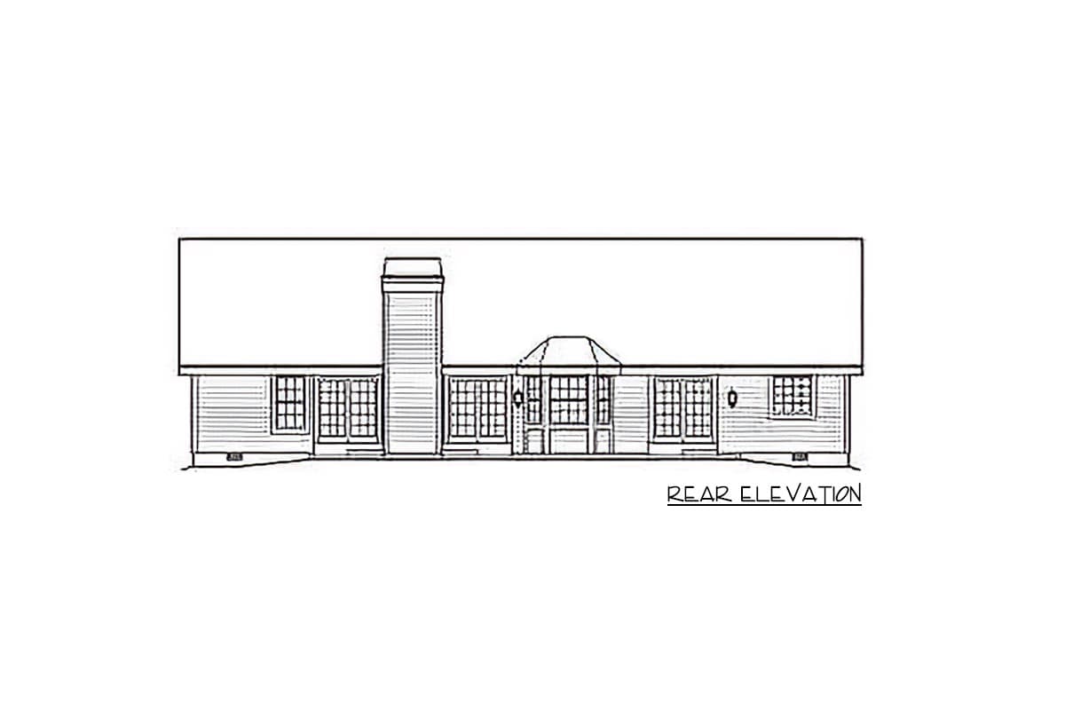 Rear elevation drawing of a single-story house with a prominent chimney, multiple windows, and a central sunroom.