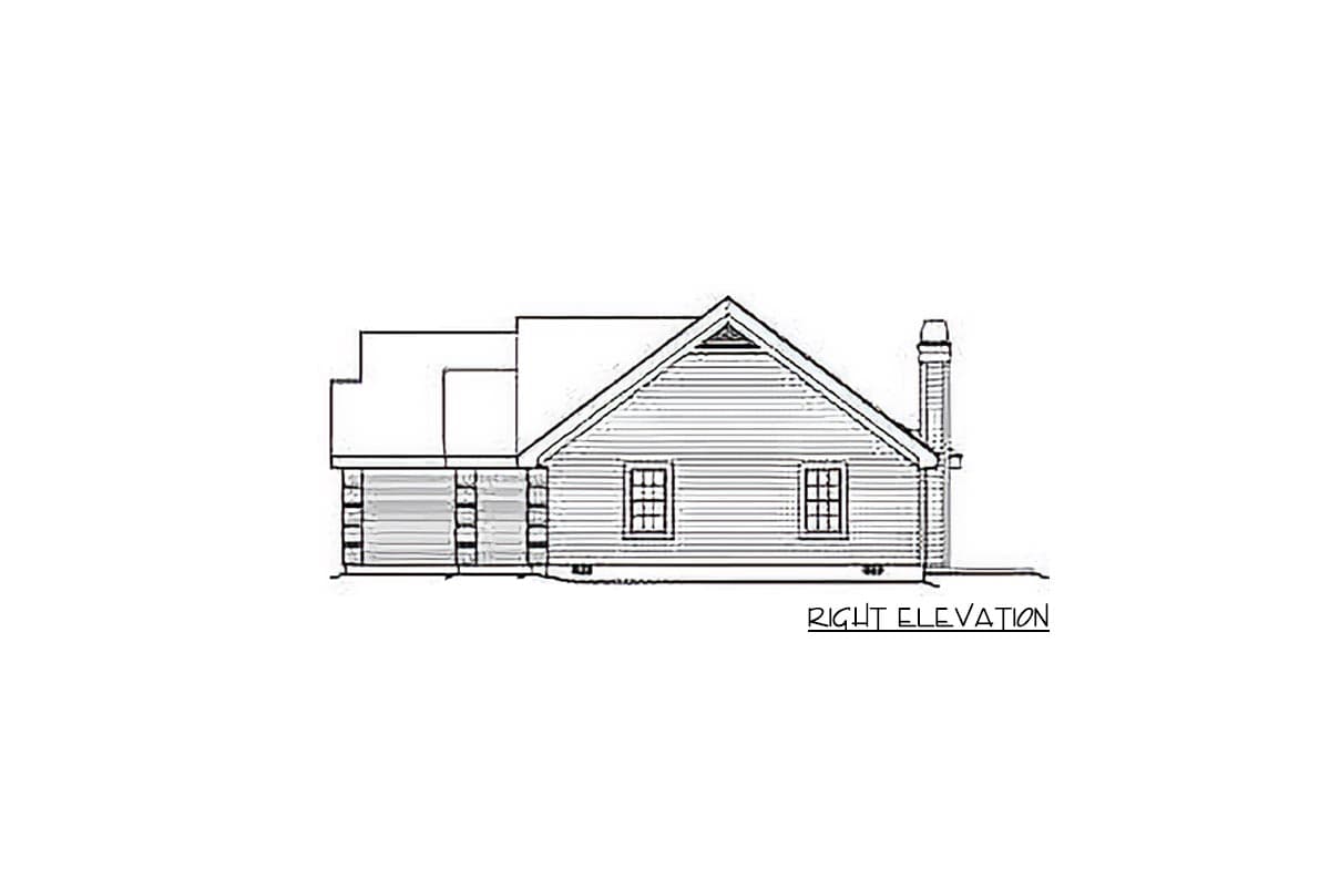 Right elevation house plan drawing showing a gabled roof, two windows, and a chimney.
